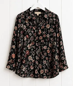 LOFT Blouse Large Black Floral Button Front Rayon Lightweight Womens thumbnail 1