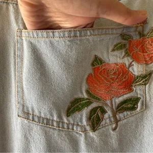 POL Light Wash Denim Short Overalls with Rose Embroidery thumbnail 7
