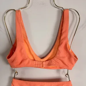 Aerie Orange Textured High Waisted Bikini Set V-Neck Bralette Top Small Medium thumbnail 4
