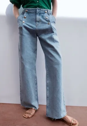 ZARA High Rise Sailor Button Wide Leg Jeans Raw Hem Light Wash US 6 thumbnail 1