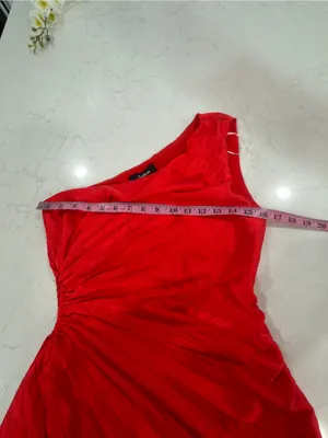 Aakaa One-Shoulder Red Pleated Midi Dress with Side Cutout Detail thumbnail 8