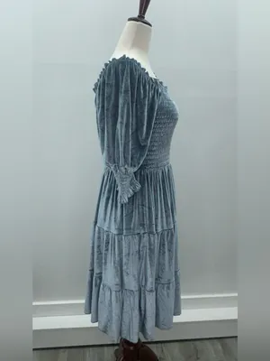 Baltic Born Slate Blue Velvet Smocked Tiered Puff Sleeve Midi Dress Size M thumbnail 6