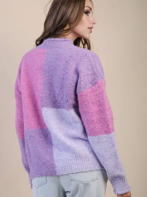 NWT Very J Oversized Color Block Cozy Knit Sweater Purple/Pink Size Large thumbnail 5