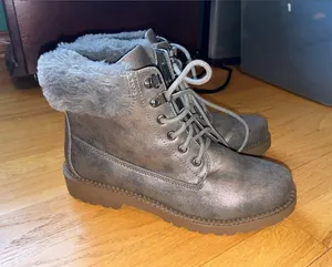 Esprit Metallic Gray Faux-Fur Lace-Up Ankle Boots thumbnail 1
