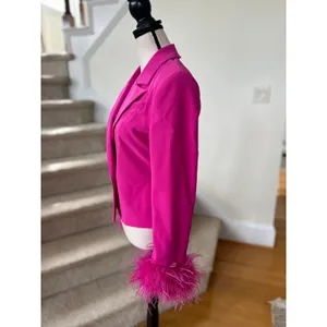 NWT NBD Elisha "Fuchsia" Hot Pink Feather Trim Rhinestone Button Blazer Glam thumbnail 3