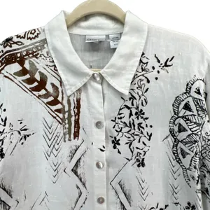 Chicos Shirt‎ Womens US L 2 White Black Floral Linen Shacket Art To Wear Blouse thumbnail 2