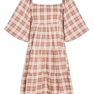 Faithfull the Brand Eryn Gingham Check Mini Dress Puff Sleeve Tie Back Brown L thumbnail 3