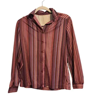 Vintage Button Down Blouse‎ Retro Stripe Burgundy Plum Silky Long Sleeve thumbnail 1