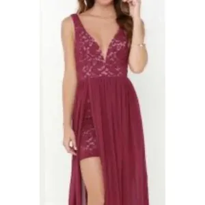 Lulus Lace Prom Dress Sheer Overlay‎ High Front Slit Maxi Bridal Party Gown Sz S thumbnail 4
