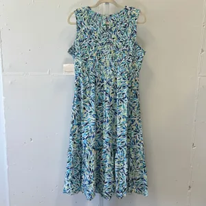 NWT Beachlunchlounge Julieta Midi Dress Blue Green Abstract Smocked Viscose M thumbnail 2