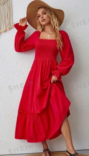Square Neck Flare Sleeve Ruffle Hem Dress thumbnail 1