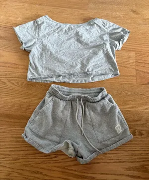 PINK - Victoria's Secret Gray Lounge Crop Top & Drawstring Shorts Set thumbnail 1