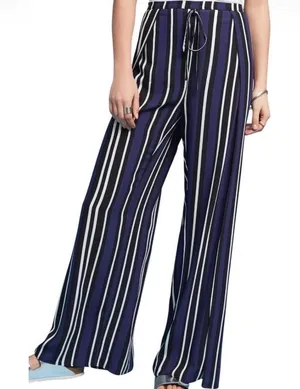 Maeve Anthropologie Navy Blue White Striped Wide Leg Pants High Rise Viscose M thumbnail 1