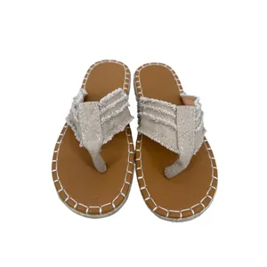 Frayed Canvas Thong Sandals Beige Tan Espadrille Whipstitch Flat‎ Slides Size 37 thumbnail 2