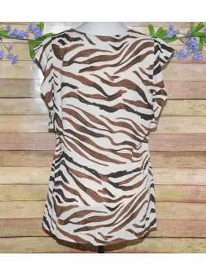 Cabi Ladies Brown Zebra Tiger Print V-Neck Cap Sleeve Blouse Top Size S Chiffon thumbnail 5
