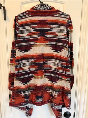 LUCKY BRAND Open-Front Striped Cardigan in Rust Burgundy Navy & Cream Size Large thumbnail 3