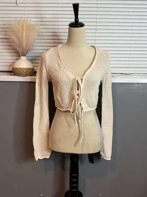Cotton On Cream Open Knit Tie Front Cropped Cardigan Size S thumbnail 2