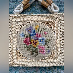 Vintage straw floral crochet tote purse thumbnail 2