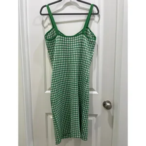 Anthropologie Maeve Gingham Green & White Knit Mini Mod Dress Sz M thumbnail 9