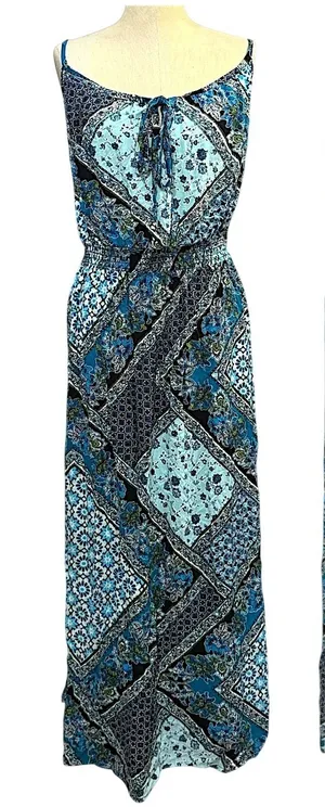 Faded Glory XL Blue Patchwork Floral Spaghetti‎ Strap Smocked Waist Maxi Dress thumbnail 1