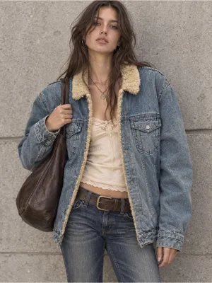 Lucky Brand Oversized Sherpa Lined Denim Trucker Jacket XL Y2K Boho thumbnail 1