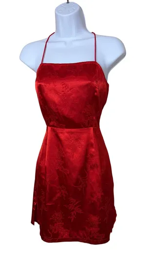 Pretty Little Thing Red Satin Floral Print Mini Dress Size‎ 6 thumbnail 1