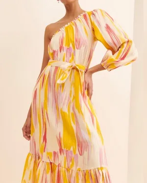 Anthropologie Little Lies Costa Rica One Shoulder Linen Pink Yellow Dress thumbnail 1