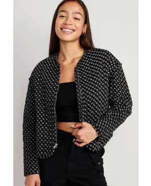 Old Navy Women's NWT Black Geometric Quilted Bomber Jacket Zip Front Size Medium thumbnail 1