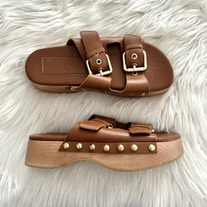 Zara Leather Double Buckle Wooden Platform Sandal Sz 7.5 thumbnail 5