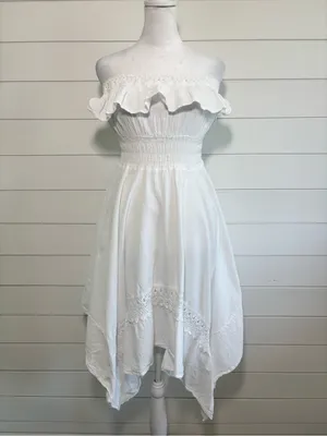 SEASPICE White Off-Shoulder Ruffle Sundress Peruvian‎ Cotton Handkerchief Hem M thumbnail 2