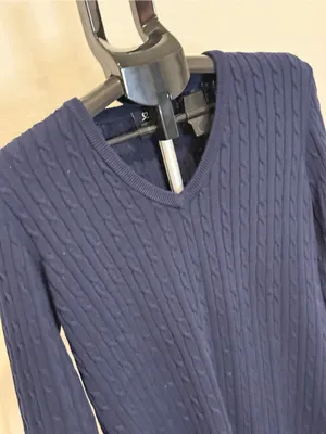 Daily Sports Navy Cable Knit Cotton Cashmere V-Neck Sweater L thumbnail 5