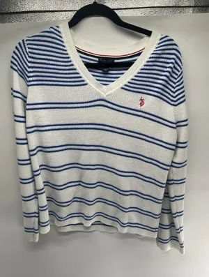 US‎ POLO ASSN WOMEN'S SWEATER NAUTICAL STRIPED V-NECK WHITE BLUE sz LARGE thumbnail 1