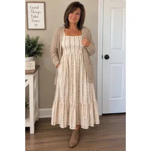 Cream Floral Cotton Maxi Dress Lace Tie Cottagecore Tiered Ruffle M thumbnail 5