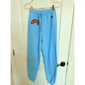 Aviator Nation Sweatpants Women XS Light Blue Rainbow Patch Jogger‎ Loungewear thumbnail 3