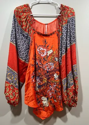 Free People Red Floral Asymmetrical Printed Blouse Medium thumbnail 1