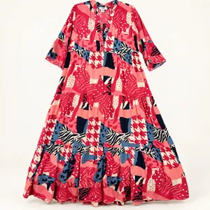 Zury Maxi Dress Womens OSFM Pink Mixed Print Tiered Boho Artsy Bell Sleeve Flowy thumbnail 1