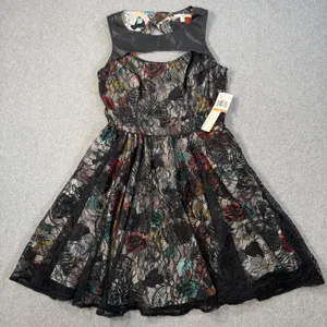 CHORD Juniors Size 7 Black Multi-Color Floral Lace Sleeveless Fit & Flare Dress thumbnail 1