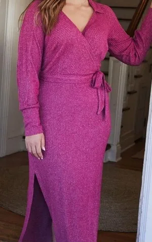 NWT Anthropologie Daily Practice Magenta Ribbed Collared Maxi Wrap dress thumbnail 1