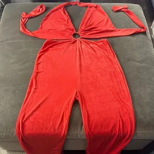Women’s Red Deep V-Neck Halter Jumpsuit Ring Accent Wide Leg BodyCon Size L NEW thumbnail 8