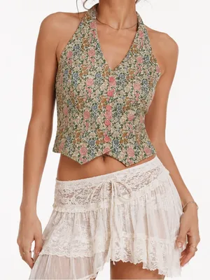 Fairycore Floral Brocade Halter Vest Whimsy Goth Cottagecore Boho Top thumbnail 1
