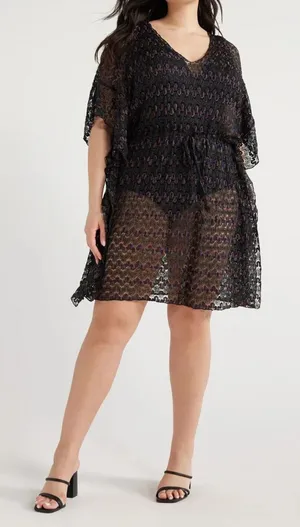 Time and Tru Womens Coverup Black Size XL Crochet Kaftan Short Sleeve V-Neck thumbnail 1