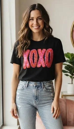 Gildan Black Short-Sleeve Tee with Pink Sequin XOXO Graphic thumbnail 1