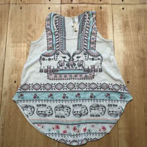 Scotty Womens Elephant Graphic Knit Tank Top‎ Cream Pink Blue XL Boho thumbnail 1