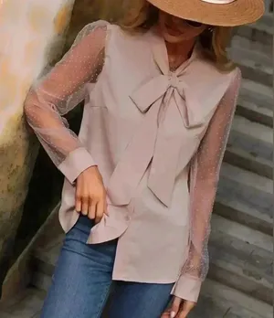 SHEIN Elegant Blush Pink Bow Blouse‎ with Mesh Dot Sleeves - Romantic Top A68 thumbnail 1