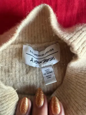 & Other Stories Beige Puff-Sleeve Ribbed Mock Neck Sweater thumbnail 4
