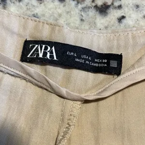 Zara Womens High Waisted Pleated Wide Leg Trouser‎ Pants Beige Large thumbnail 6