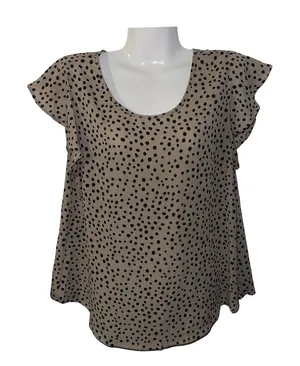 Papermoon Tan and Black Polka Dot Blouse Size Large Flutter Sleeves Chic Office thumbnail 1