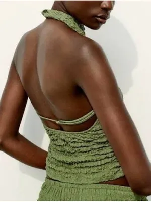 Zara Olive Green Textured Halter & Pant Set thumbnail 4