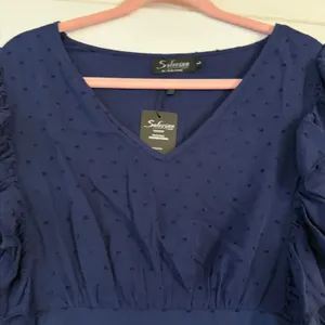 Solersun Womens Navy Blue Swiss Dot‎ Ruffle Sleeve V-Neck Mini Dress Large NWT thumbnail 2