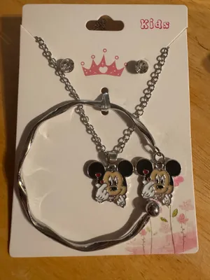 Kids Silver Tone Enameled Mickey Themed Bracelet Necklace Earrings thumbnail 2